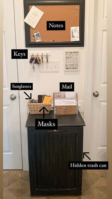 drop zone in a house with notes pointing to where masks, sunglasses, trash are stored and where message hang on cork board